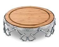 Arthur Court Aluminum Alloy Equestrian D-Ring Bit Pattern Pedestal Cheese/Cake Stand with Removable Acacia Board; 13" Diameter