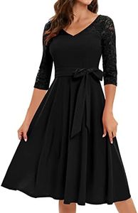Bbonlinedress Abiti delle Signore Festive Elegante 3/4 Manica Hollow out Pizzo Abito Scollatura a V Midi Abito Casual Abiti da Sera Elegante per Abito da Sposa Estivo Black M