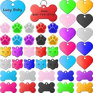 40 Pieces Pet ID Tag Colorful Blank Dog Tags Personalized Dog Tags Aluminum Pet Name with Bone Paw Heart Cat Head Shape Pet Name Phone Number ID Craft Tags with Holes for Dogs Cats Pets