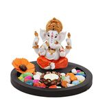 SN Handicrafts God Ganesh/Ganpati/Lord Ganesha Idol - Statue ith Wooden Flowers Natural Stones Lotus Tealight Candle Holder and Wooden Tray for Gift Home Décor