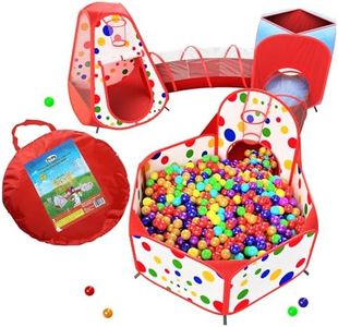 Playz 6-Piece Kids Play Tents Crawl Tunnels and Ball Pit Popup Bounce Playhouse Tent with Basketball Hoop for Indoor and Outdoor Use with Red Carrying Case