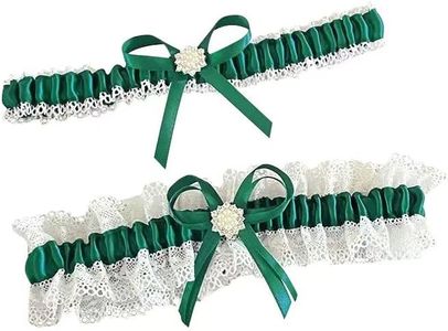 Women's Bridal Garter Set Lace with Rhinestones Pearls Wedding Party Leg Garters Prom Bride's Garter Toss Set of 2,Green