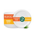 ECO SOUL [10 inch, 100 Pack] Disposable Bagasse Plates | Eco-Friendly, Biodegradable, Sugarcane Paper Plates | for Serving Snacks | Birthday, Wedding & Party | Round, White (25 cm)