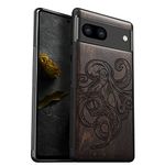 Carveit Wood Case for Pixel 7a Case [Natural Wood & Black Soft TPU] Shockproof Protective Cover Unique & Classy Wooden Phone Case Compatible with Google Pixel 7a Case (Octopus Drawing-Blackwood)