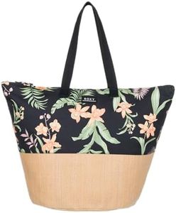 Roxy Women's Large Capacity Lightweight Causal Cotton Canvas Beach Tote Bag, Waikiki Life-Anthracite Island Escape, One Size