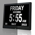 VALL Extra Large 9'' Digital Day Calendar Alarm Clock, Large Screen Display Non-Abbreviated Wall Clock for Memory Loss Dementia/Seniors, 3 Medication Reminders, 10 Auto dimming Levels, SD Card-Black