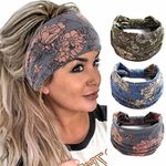 Cagora Boho Bandeau Headbands Wide Knot Hair Scarf Floral Printed Hair Band Elastic Turban Thick Head Wrap Stretch Fabric Cotton Head Bands Thick Fashion Hair Accessories for Women and Girls 3 Pcs (Boho)