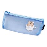 wolpin Pencil Pouch Mesh Nylon Bag, See Through Pencil Pouch with Zipper Closure Portable Makeup Pouch, Case Cute Stationery Bag for Students Girls Adults Office (Blue Cat)