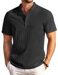 COOFANDY Men's Casual Henley Shirt Short Sleeve Band Collar Summer Beach Textured Shirts Black M