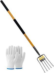 FORCOLID Pitch Fork-58 Inch，5-Tine Steel Garden Fork Heavy Duty, Mulch with Cushion Grip, Orange Fiberglass Handle