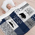 OAHEDIAM Personalized Baby Blanket for Boys - Custom Baby Blankets for Boys - Deer Baby Blanket- Woodland Nursery Décor - Baby Blankets for Boys Personalized (Blue Woodland)