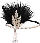 Gortin 1920's Flapper Feather Headband Art Deco Great Gatsby Headpiece Inspired Leaf Medallion Pearl Headband Bride Wedding Headdress Rhinestones Flapper Feather Hair Accessory for Women and Girls