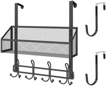 Door Hanger Hook,Door Hanger with Mesh Basket and 2 Over The Door Hooks,15X16.5X3.9 Inches,Over The Door Organizer for Coat Robe Hat Clothe Towels Hanging,Easy Installation, Black