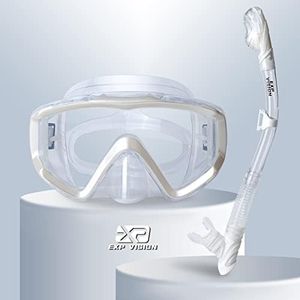 EXP VISION Dry Snorkel Set, Pano 3 Window Mask, Anti-Fog Scuba Diving Goggles and Snorkel, Professional Adult Snorkeling Swim Mask Gear (Pearl White)