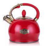 SUSTEAS Stove Top Whistling Tea Kettle-Surgical Stainless Steel Teakettle Teapot with Cool Touch Ergonomic Handle,1 Free Silicone Pinch Mitt Included,3 Liter(RED)