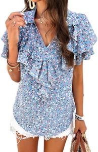 ZPLxi Womens Summer Tops Short Sleeve Fashion Floral Ruffle V Neck Blouses Casual Chiffon Printed Shirts Top (AU, Alpha, Medium, Regular, Regular, Blue)