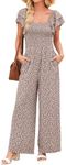 Dokotoo Womens Oversized Jumpsuits for Women Summer Beach Overalls Loose Casual Wide Leg One Piece Ruffle Short Sleeve Printed Jumpsuit Long Pant Rompers with Pockets Brown XX-Large