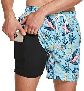 frueo Men's Swim Trunks,2 in 1 Quick Dry Beach Short Sun Protection Swim Shorts Swimming Board Shorts Swimwear Bathing Suits with Compression Liner and Zipper Pocket (1215)-RedLeafonLightBlue-M