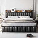 Senfot Queen Bed Frame with Storage Headboard, Upholstered Platform Bed with USB Ports & Outlets, Black Queen Bed Frame with Strong Metal Slats Support, No Box Spring Needed