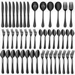 LIANYU 46 Piece Cutlery Set for 8 People, Stainless Steel Cutlery with Serving Utensils, Elegant Silverware, Includes Forks, Spoons, Knives, Mirror Polished Black