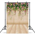 WOLADA 5x7ft Spring Photo Backdrop Wood Wall Backdrops Photography Props Pink Flowers Wooden Floor Backgrounds for Lover Wedding Party Children Decoration Background Prop 8909