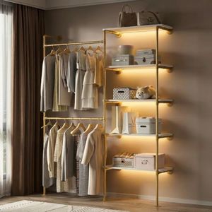 DABILONGC Industrial Pipe Clothing Rack with LED Lights& Shelves, Gold