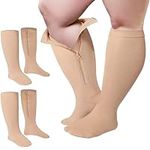 2 Pairs Wide Plus Size Calf Compression Socks with Zipper for Overweight Women Men 15-20 MmHg Zipper Compression Stockings (6XL, Skin)