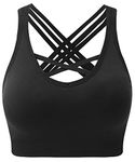 ANGOOL Padded Sports Bra Wirefree Mid Impact Yoga Bras Unique Cross Back Strappy for Gym Yoga Black