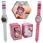 Licensed Analogue Quartz Wrist Watch for Kids with Leather Strap and Printed Disney Character Hello Kitty HK50027 Multicolour Usable for Unisex 4+Year