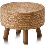 Mxfurhawa Pouf Ottoman, Round Footstool with 4 Wood Legs, Handmade Natural Straw Footrest, Accent Vanity Chair, Multifunctional Modern Dressing Stool, Sofa Side Table for Bedroom (Natural Cattail)