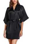 Wikoan Women's Satin Dressing Gown, Soft Silk Robe Lightweight Sleepwear for Bridal,Wedding Party Robes with Oblique V-Neck,L,Black