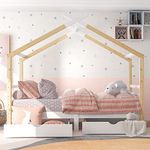 BTM Kids Single Bed Frames Toddler Beds Storage Underneath 3FT Single Bed with Storage Solid Pine Wood House Tree Canopy Bed for Children Girls and Boys Toddler Bed (Wood)