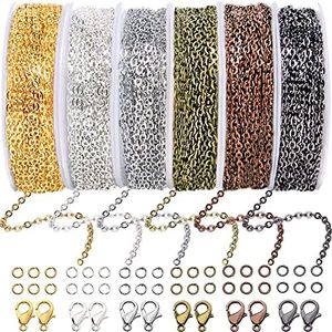 Jishi Chains Jewelry Making Supplies, 60ft Cable Link Chains for Making Jewelry Necklace Earring Bracelet Findings DIY Craft Kit for Adults, 6-Color 2mm Gold Silver Copper Plated Metal Link Rolls Bulk