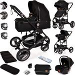 Baby Stroller 3 in 1 Pram Pushchair Buggy Child Lightweight Folding Stroller 3 in 1 Travel System Pram for Newborns Toddlers from Birth Aluminium (Black - Black Frame)
