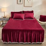 LIFEREVO Luxury Pom Poms Velvet Bed Skirt, Red Velvet Wrap Around Bed Skirt, Quilted Fitted Bed Sheet Bedskirt, 18 Inch Drop Dust Ruffle Decorative Bed Skirt Pompoms Fringe(Twin/Twin XL, Burgundy)