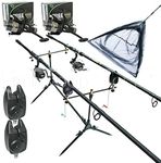 OAKWOOD Complete Carp Fishing Rod Pod with 2 x 12ft Rods, 2 x 3BB Bait Runner Reels with line, 2 x Bite Alarms and 42" Net and Handle