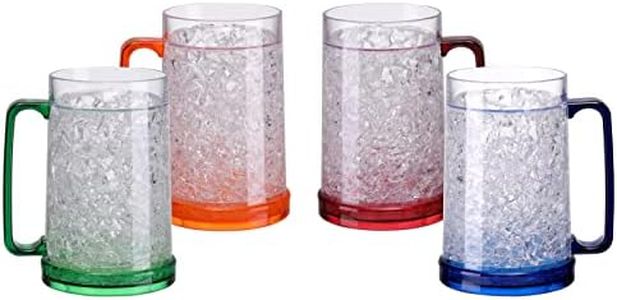 Easicozi Double Wall Gel Frosty Freezer Ice Mugs Clear 16oz Set of 4 (Blue, Red, Orange and Green)