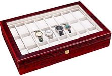 Fosinz 24 Slots Wooden Case Watch Display Box for Men Women Glass Top Collection Box Jewelry Storage Organizer Holder Storage Gifts (16.7" x 11.42" x 3.15", Bright Mahogany Red)