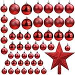 Belle Vous 50 Pack Christmas Baubles - Assorted Size Glittery Red Baubles with Star Tree Top - Xmas Tree Ball Hanging Ornaments for Christmas Decorations Holiday Party Indoor & Outdoor Decorations