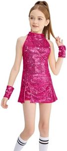 LOLANTA Little Girls Sequin Dance Outfits Disco Dress Sparkle Girls 80s 90s Sequined Top Shorts (Fuchsia, 5-6 Years)