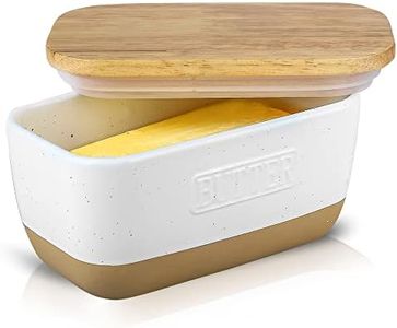 HVH Ceramic Butter Dish with Lid for Countertop, Airtight Butter Keeper with Wooden Lid, Butter Dishes with Covers, Ceramic Butter Container, for East West Coast Butter, Farmhouse Style (White)