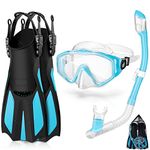 Odoland 4 in 1 Snorkel Set, Snorkeling Packages with Dry Top Diving Mask, Adjustable Swim Fins, Mesh Bag, Anti-Fog Anti-Leak Snorkeling Gear for Men Women,Light Blue,L/XL