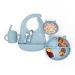 Kids Station 6 Piece BPA-Free Cat Shaped Silicone Baby Feeding Set - Baby Bib - Plate - Fork - Sipper - Spoon and Bowl - Make Mealtime Fun and Easy for Your Little One (Blue)