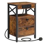 HOOBRO Bedside Table with Charging Station, Side Table with 2 USB Ports and 2 AC Outlets, Bed Side Table with 2 Flip-Down Compartments, Sofa End Table, for Living Room, Rustic Brown EBF138KBZ01