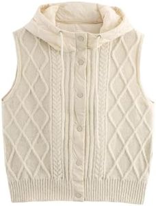 CUFEZN Women's Quilted Hooded Knit Vest Lightweight Padded Sleeveless Jacket Casual Retro Layered Sweater Vest Beige Small