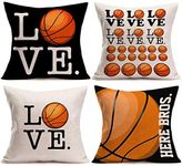 Asamour Love Basketball Pillowcase Set of 4 Popular Sport Basketball Design Cotton Linen Throw Pillow Case Cushion Cover Protector Pillow Sham for Basketball Fans 18’’x18’’,Black,White,Orange