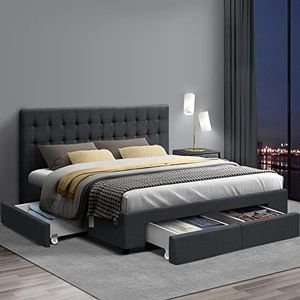 Artiss King Bed Frame Platform Tufted Headboard Frames Beds Base with 4 Storage Drawers Bedroom Room Decor Home Furniture, Upholstered with Charcoal Faux Linen Fabric + Foam + Wood