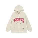 Sumleno Y2K Zip Up Hoodie Letter Print Star Graphic Grunge Hooded Corduroy Sweatshirt Jacket Oversized Retro Y2k Clothing, Beige, Medium