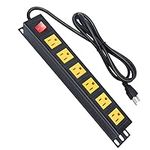 6 Outlet Metal Power Strip, Heavy Duty Wide Spaced Power Strip, Wall Mount Power Strip for Home Office Garage Workbench, 6FT Extension Cord, Yellow