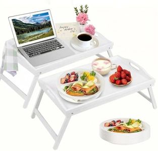 INNOVATIVE LIFE 2 Pack Bed Tray with 10pcs Disposable Plates, Table Breakfast Trays Serving Bamboo Laptap with Floding Legs Handles and Phone Holders, White